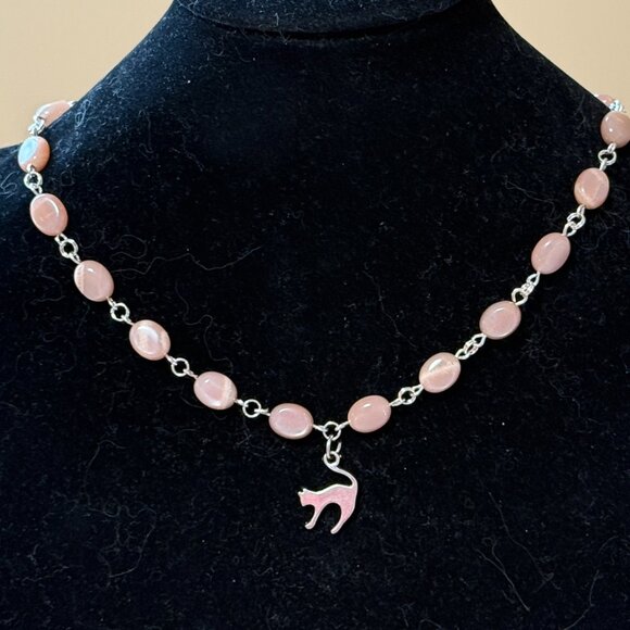 Peach Moonstone Adjustable Choker, Cute Slim Cat Pendant + Genuine Gemstone - Picture 3 of 15